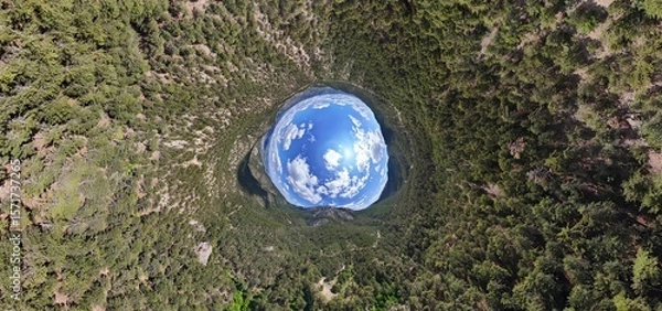 Fototapeta Nallihan Saricali National Park Stunning Nature Sphere of a Mountain Lake.A captivating spherical panoramic view from above, showcasing a serene mountain lake nestled within  lush, green forest Ankara