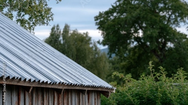 Fototapeta Rustic metal roof with visible waves in natural setting.