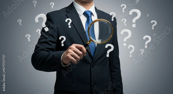 Fototapeta A man in a suit holding a magnifying glass surrounded by question marks on a gray background