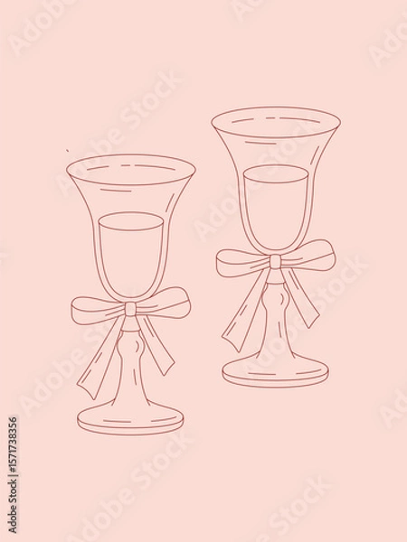 Fototapeta Minimalist pink line art of two wine glasses with bows. Elegant hand-drawn style for celebration, romance, or wedding-themed designs.

