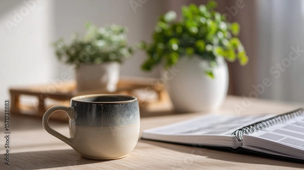 Fototapeta Detail close-up of a minimalist workspace, ceramic vase and notepad on a wooden desk, soft morning light creating a calm, creative office vibe.