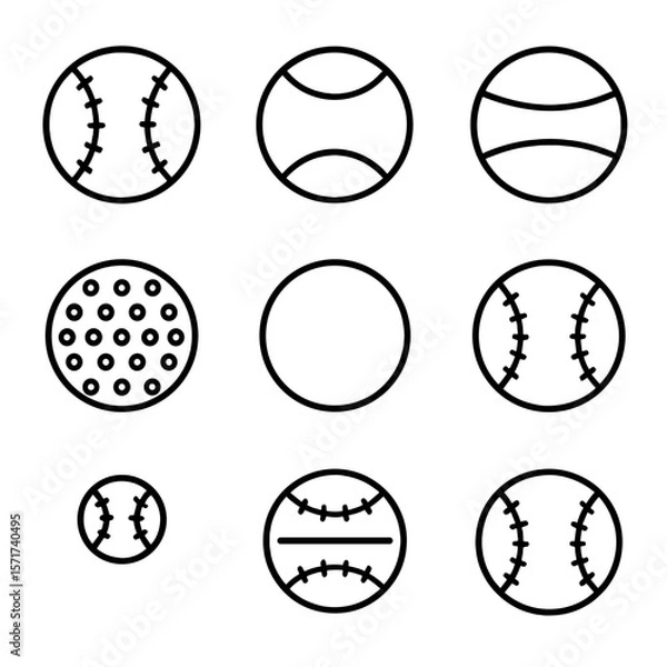 Fototapeta Baseball Ball Icons. Outline style icons of Baseball Ball Types: regulation game ball, practice ball, tee-ball, soft-core ball,