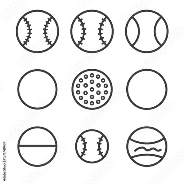 Fototapeta Baseball Ball Icons. Outline style icons of Baseball Ball Types: regulation game ball, practice ball, tee-ball, soft-core ball,
