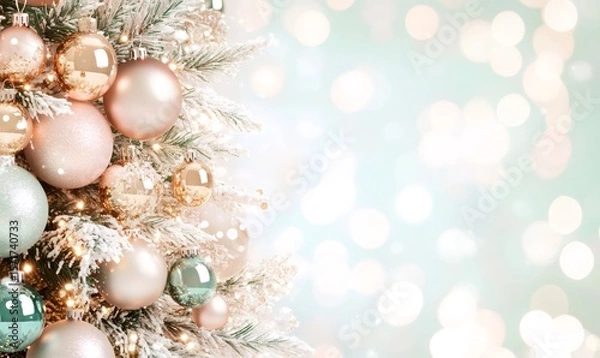Fototapeta Pastel-colored baubles and sparkling lights adorn a christmas tree, creating a festive atmosphere for new year celebrations