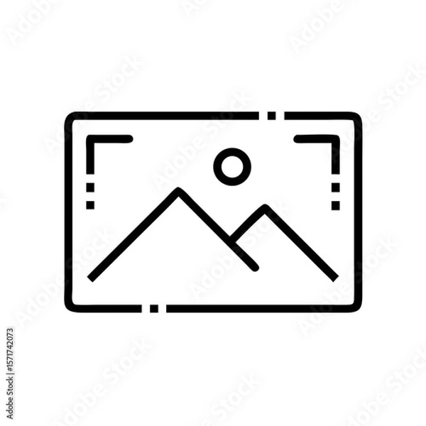 Fototapeta Vector illustration of a landscape photo frame featuring mountains and a sun in a minimalist style with copy space