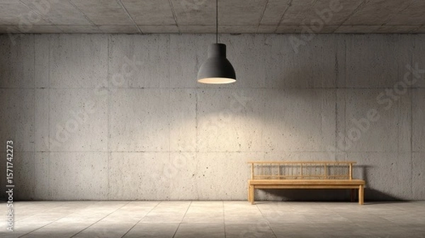 Fototapeta Interior with ceiling lamp, blank concrete wall and bench. Museum and exhibition concept. Mock up, 3D Rendering, no logos, no brands