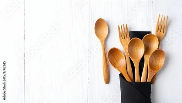 Fototapeta Wooden Cutlery Set and Napkin Mockup on White Background