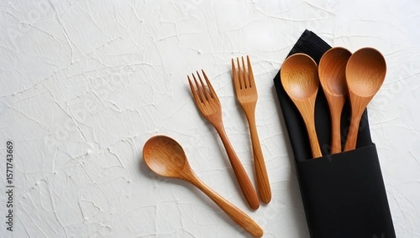 Fototapeta Wooden Cutlery Set and Napkin Mockup on White Background