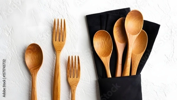 Fototapeta Wooden Cutlery Set and Napkin Mockup on White Background