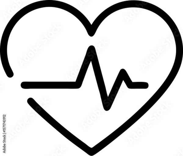 Fototapeta A single isolated black stroke line icon of a heart with a heartbeat line, symbolizing health or heart rate monitor, monoline style, white background