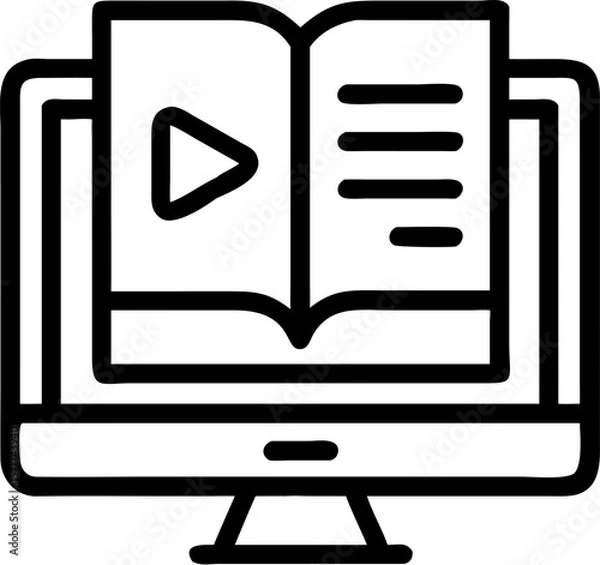 Fototapeta A single isolated black stroke line icon of a computer screen with a play button and book, representing online learning, monoline style, white background.