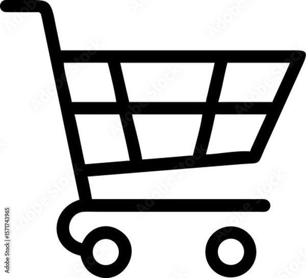Fototapeta A single isolated black stroke line icon of a shopping cart with wheels, representing add to cart or e-commerce purchase, monoline style, white background.