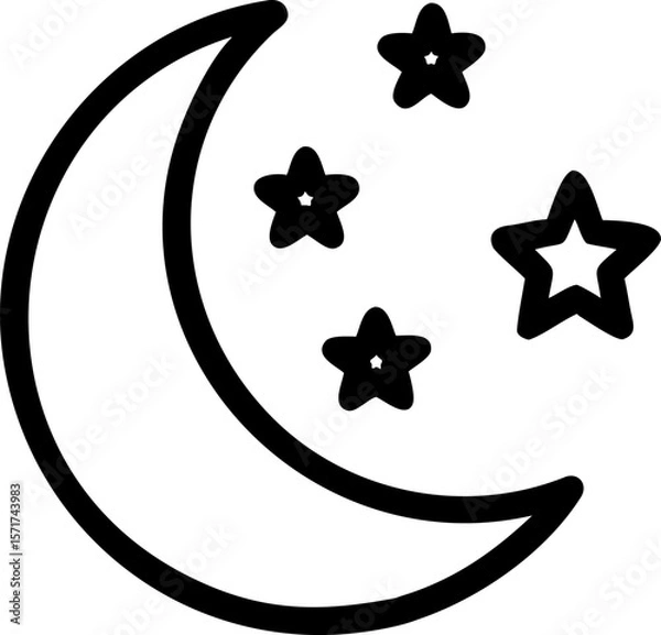 Fototapeta A single isolated black stroke line icon of a crescent moon with small stars, representing sleep or night mode, outlined icon, white background.