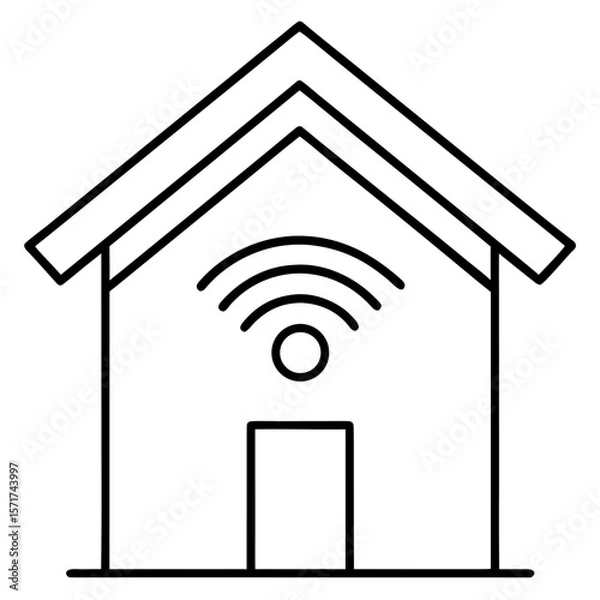 Fototapeta A single isolated outlined vector icon of a house with a WiFi or phone app symbol, representing smart home tech, minimal stroke line, white background.
