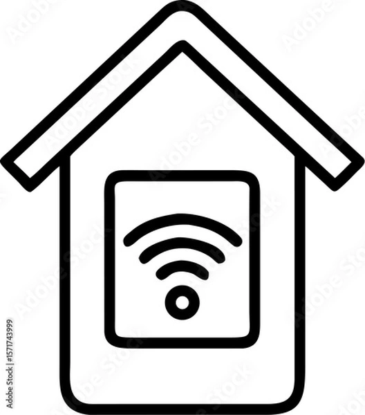 Fototapeta A single isolated outlined vector icon of a house with a WiFi or phone app symbol, representing smart home tech, minimal stroke line, white background.

