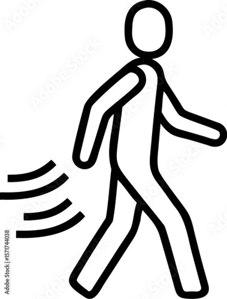 Fototapeta A single isolated black stroke line icon of a person walking with motion lines, representing physical activity or daily walk, monoline style, white background.