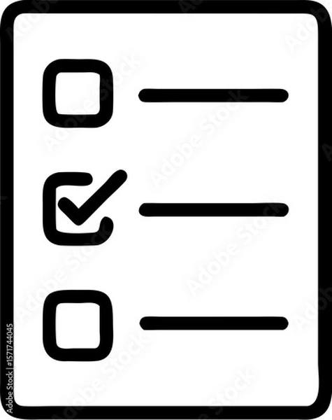 Fototapeta A single isolated black stroke line icon of a checklist with tick boxes, representing task management, minimal, monoline, white background.
