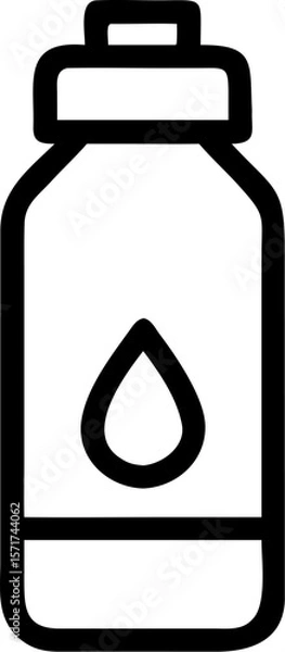 Fototapeta A single isolated black stroke line icon of a water bottle with drop symbol, representing hydration or fitness, minimal stroke, white background.