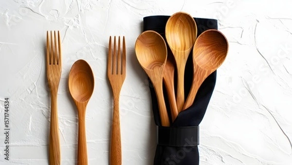 Fototapeta Wooden Cutlery Set and Napkin Mockup on White Background