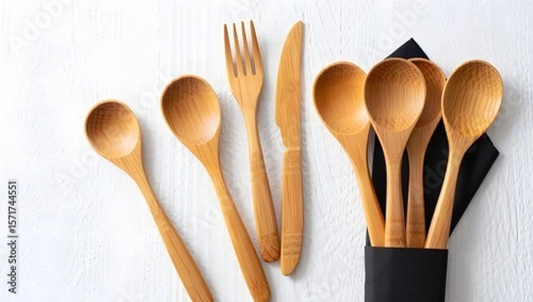 Fototapeta Wooden Cutlery Set and Napkin Mockup on White Background