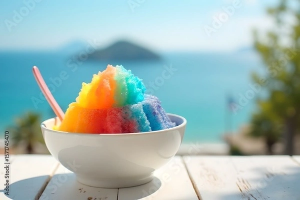 Fototapeta Colorful rainbow shaved ice in a white cup at seaside café terrace with ocean view and summer sky