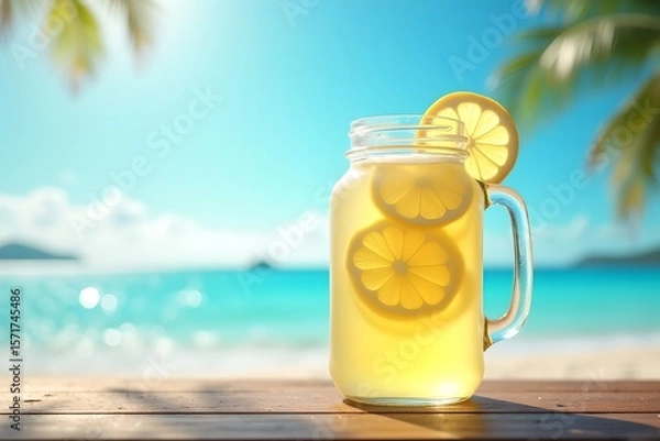 Fototapeta Fresh lemonade with lemon slices in a glass jar on beach table with sea and summer sky