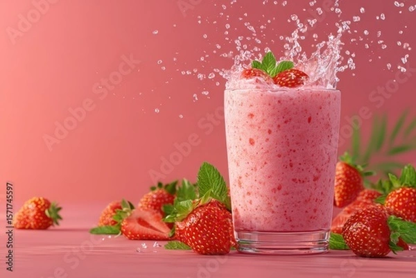 Fototapeta Frappe in glass with strawberry topping splashing and strawberry slices beside it 