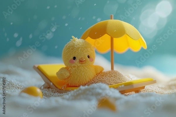 Obraz Yellow toy duck sits under a yellow beach umbrella on sandy terrain