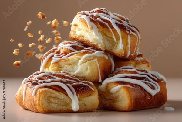 Fototapeta Cinnamon buns stacked in swirl formation with icing melting