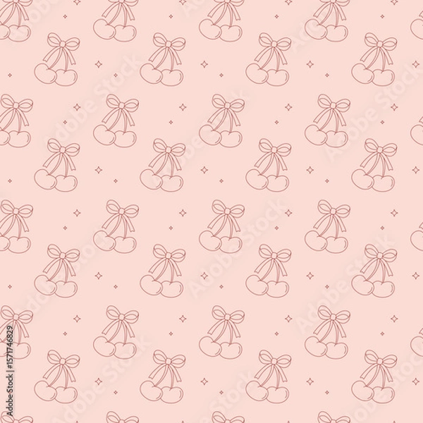 Fototapeta Seamless cherry pattern with bows on a soft pink background. Cute and romantic line art design for fabric, packaging, wallpaper, or stationery.
