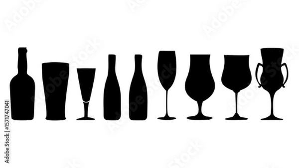 Obraz Silhouette vector art of assorted wine and beer glasses and bottles design element