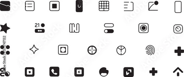 Obraz A collection of modern minimalist black icons representing various digital functions and ui elements on a white background