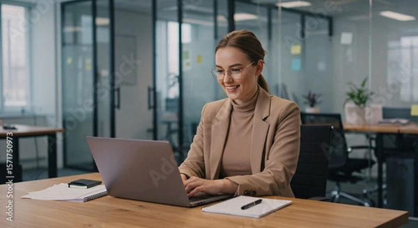Fototapeta A Happy Businesswoman Using a Computer App for Online Work in a Modern Office