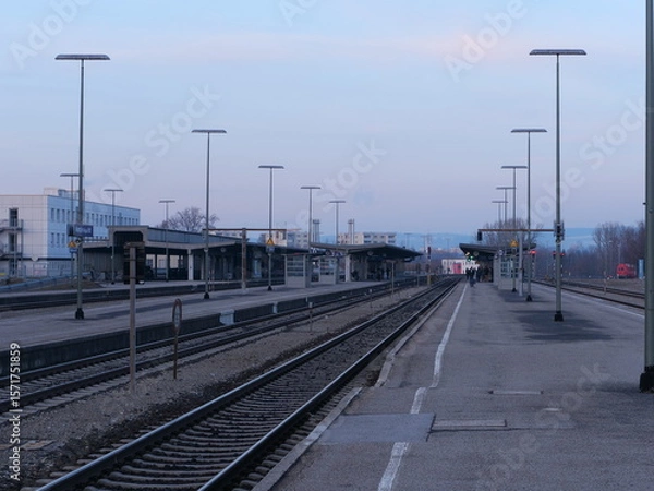 Obraz Train station with a few trains parked on the tracks
