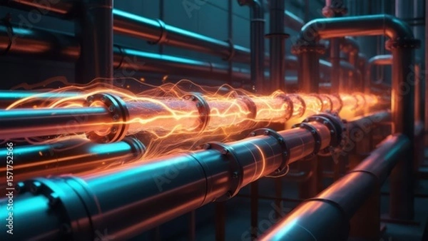 Obraz Industrial pipelines with glowing orange energy flowing through them, representing power transmission and advanced technological processes. Concept of energy transfer and industrial innovation