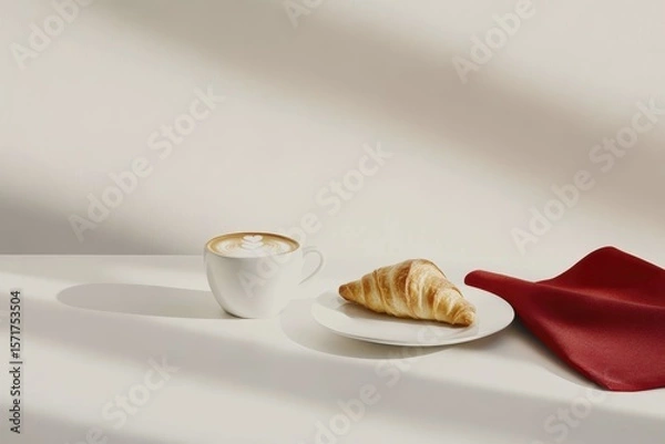 Obraz Minimalist breakfast scene with croissant, cappuccino, and red napkin in sunlit setting