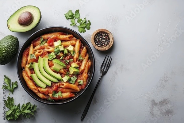 Obraz Delicious penne pasta with avocado and tomatoes on a rustic table