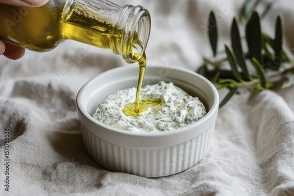 Fototapeta Pouring olive oil over fresh tzatziki sauce in a white bowl on a rustic background