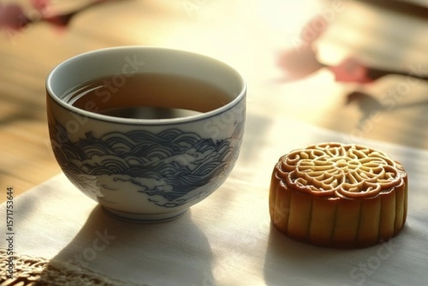 Fototapeta Elegant tea with mooncake in sunlight: serenity and tradition