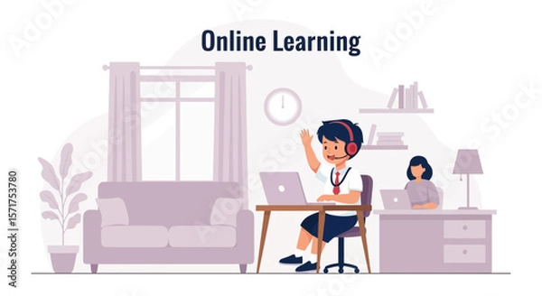 Fototapeta Engaging With Virtual Classroom At Home For Interactive Remote Education