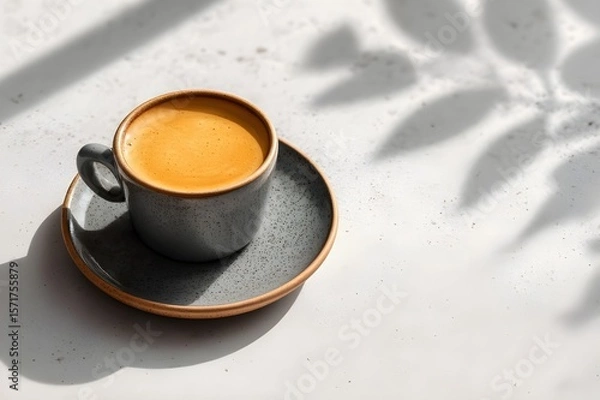 Fototapeta High-resolution photo with ceramic cup of coffee with saucer. Cappuccino. Americano. Flat white. Coffee latte. For editorial or commercial use. Coffee cup background. Cafe advertising. Espresso