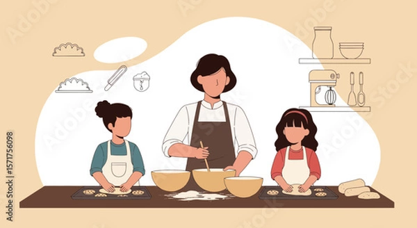 Fototapeta Family Baking Time Together Mother And Two Daughters Enjoying Cooking At Home