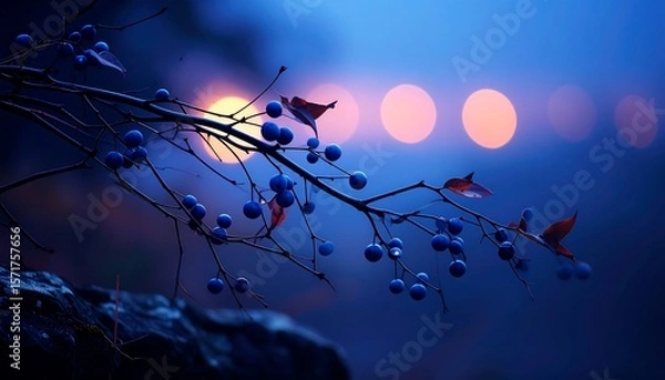 Fototapeta Berries on Branch at Twilight with Bokeh Light Background