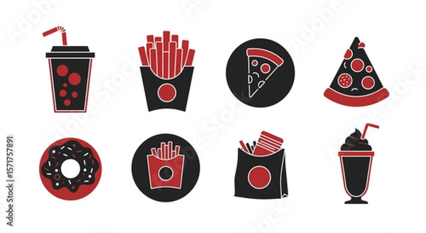 Obraz Vector graphic of fast food icons including pizza fries and drinks