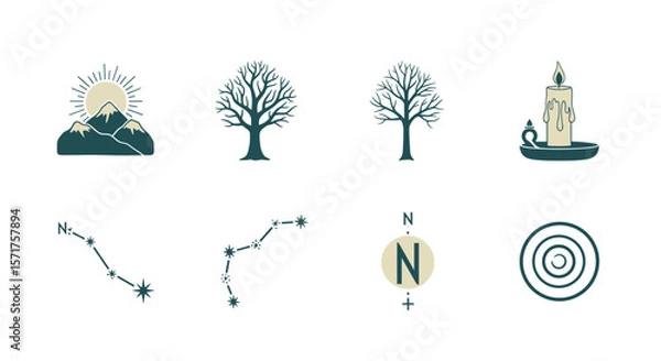 Obraz Mountain sun trees constellation candle compass target nature elements