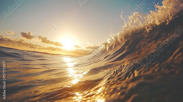 Fototapeta Closeup of ocean wave at sunset with sea and sky in golden light. Background for surfing, kite, adventure concepts