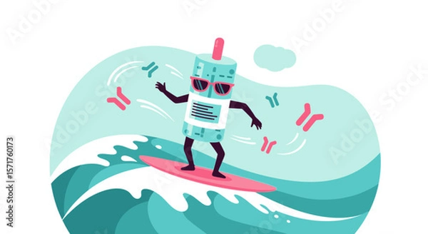 Fototapeta Cool Antibody Surfer Riding Ocean Waves With Summer Vibe Character Illustration