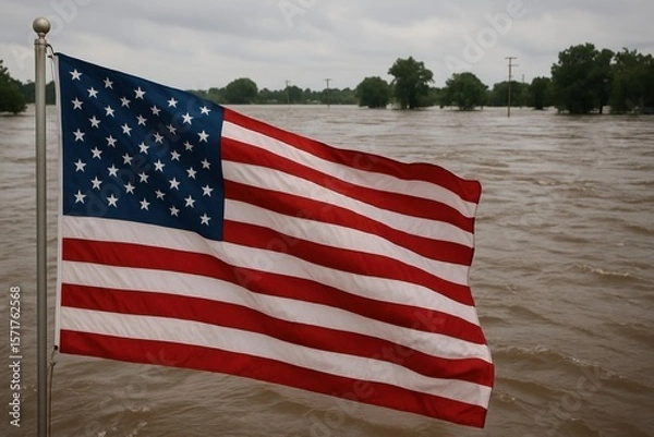 Obraz Flood in July 2025 - Flood and American flag AI generated

