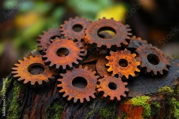Fototapeta A collection of rusty metal gears resting on a moss-covered tree stump, highlighting decay and industrial history.