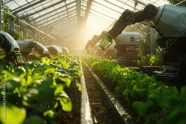 Fototapeta Robotic arms tending to rows of leafy green crops in a well-lit, modern greenhouse, showcasing automation in agriculture.